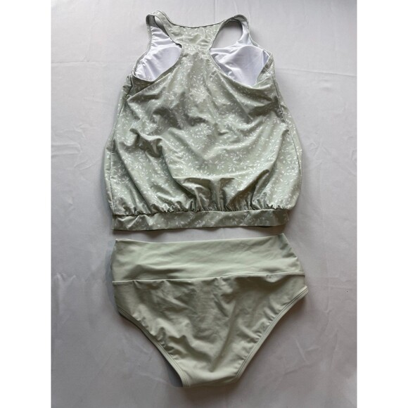 Coral Reef Floral Print 2 Piece Swimsuit Set Womens 12/14 Sage Green Tankini Set - Picture 4 of 4